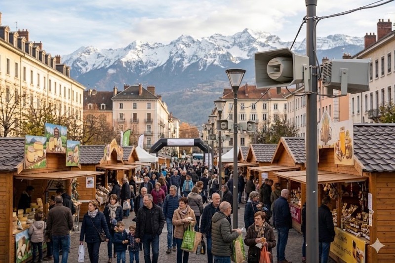 Sonorisation d'une rue ou d'un espace extérieur avec une ligne 100V pour une foire, un salon, un marché ou un événement sportif à Grenoble en Isère